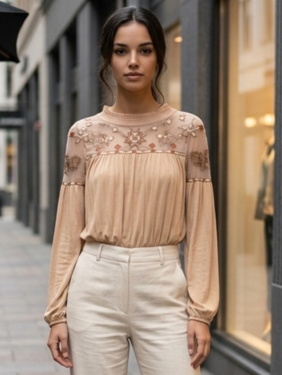 gimmicks by BKE Tops - Gimmicks by BKE Beige Bodysuit w/Sheer Mesh Detailing Embroidered Accents M NWT